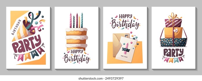 Birthday cards with cake with candles, party hat, gifts. Handwritten lettering. Birthday party, celebration, congratulations, invitation concept. Vector illustration. Postcard, card, cover.