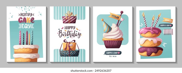 Geburtstagskarten mit Kuchen, Cupcake, Geburtstagsdonuts und Geschenken. Handgeschriebener Schriftzug. Geburtstagsfeier, Feier, Glückwunsch, Einladungskonzept. Vektorillustration. Postkarte, Karte, Cover.