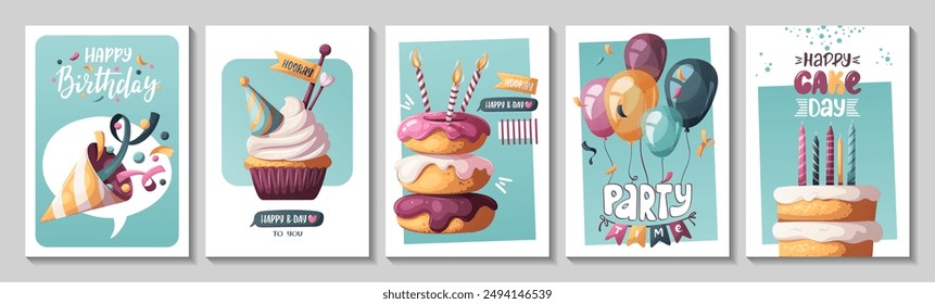 Birthday cards with cake, birthday donuts, balloons, party hat. Handwritten lettering. Birthday party, celebration, congratulations, invitation concept. Vector illustration. Postcard, card, cover.