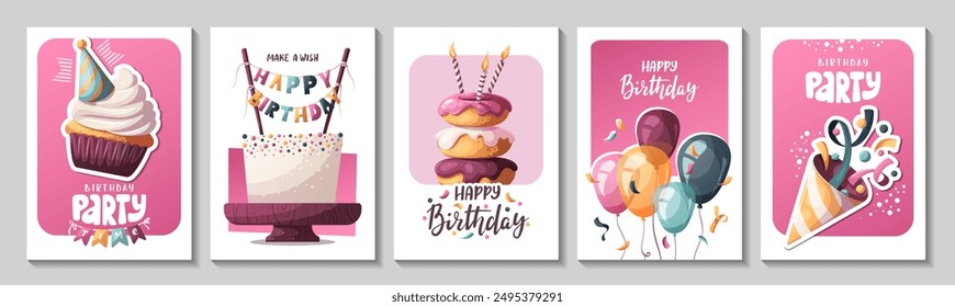 Birthday cards with cake, birthday donuts, balloons, party hat. Handwritten lettering. Birthday party, celebration, congratulations, invitation concept. Vector illustration. Postcard, card, cover.