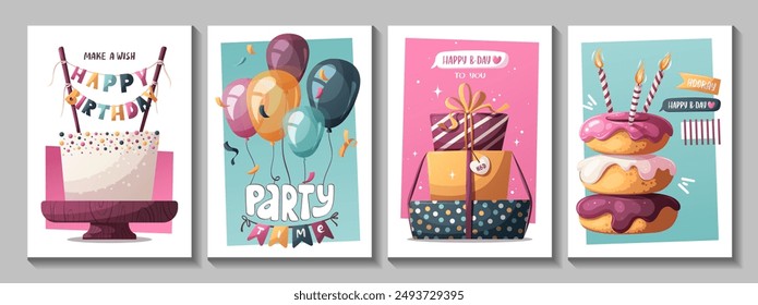 Geburtstagskarten mit Kuchen, Geschenken, Luftballons, Geburtstagsdonuts. Handgeschriebener Schriftzug. Geburtstagsfeier, Feier, Glückwunsch, Einladungskonzept. Vektorillustration. Postkarte, Karte, Cover.