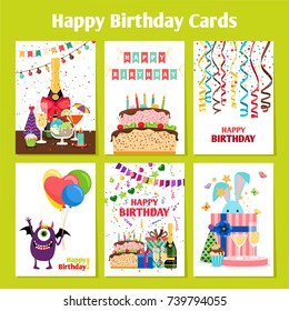 Birthday cards with cake, presents and cute monster, vector illustration