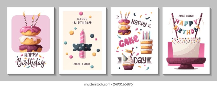 Tarjetas de cumpleaños con pasteles, cupcake, donas de cumpleaños y velas. Letras manuscritas. Fiesta de cumpleaños, celebración, felicitaciones, concepto de invitación. Ilustración vectorial. Postal, tarjeta, portada.