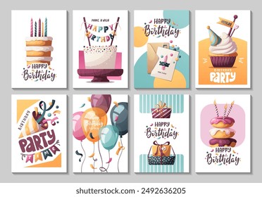 Birthday cards with cakes, gifts, balloons, party hat. Handwritten lettering. Birthday party, celebration, congratulations, invitation concept. Vector illustration. Postcard, card, cover.