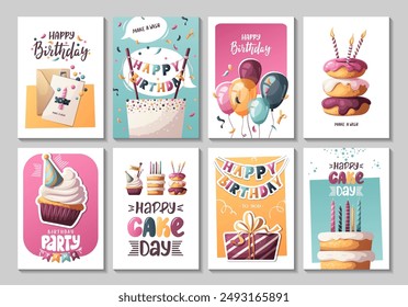 Tarjetas de cumpleaños con pasteles, regalos, globos, sombrero de fiesta. Letras manuscritas. Fiesta de cumpleaños, celebración, felicitaciones, concepto de invitación. Ilustración vectorial. Postal, tarjeta, portada.