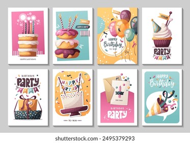 Birthday cards with cakes, gifts, balloons, party hat. Handwritten lettering. Birthday party, celebration, congratulations, invitation concept. Vector illustration. Postcard, card, cover.