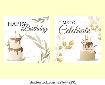 birthday cards. Birthday card with cake, flowers, candles and wishing. Hand drawn cartoon vector color outline sketch illustration isolated on white background