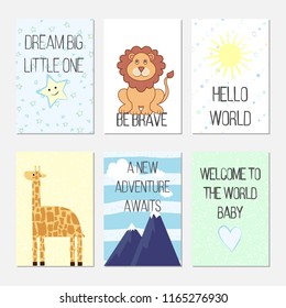 Birthday cards with cartoon leo and giraffe for baby boy and kids. Dream big little one. Be brave. Hello world. A new adventure awaits. Welcome to the world baby. For birthday or party invitation.