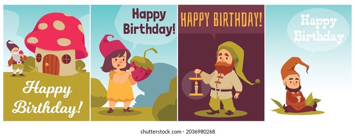 Birthday cards collection with childish cute funny forest gnomes or dwarfs, flat vector illustration. Banners or invitation cards for children birthday party.
