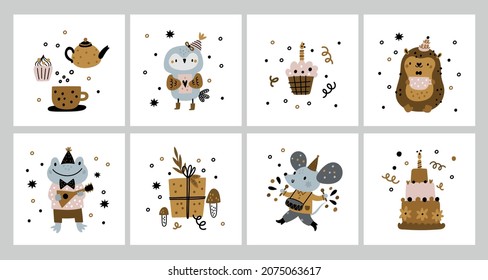 Birthday cards collection with cute animals characters. Owl with gift, mouse with a drum, hedgehog with a cup of tea, cakes. Childish animals prints for kids. Milestone cards for newborn baby. Vector 