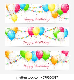 Birthday cards with colorful balloons, confetti and holiday pennants, illustration.