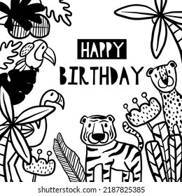 Birthday cards with cute animals. Funny jungle party. Vector illustration. Coloring book.