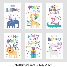 Birthday cards with cute hand drawn Safari animals, fun decorations and lettering - vector design