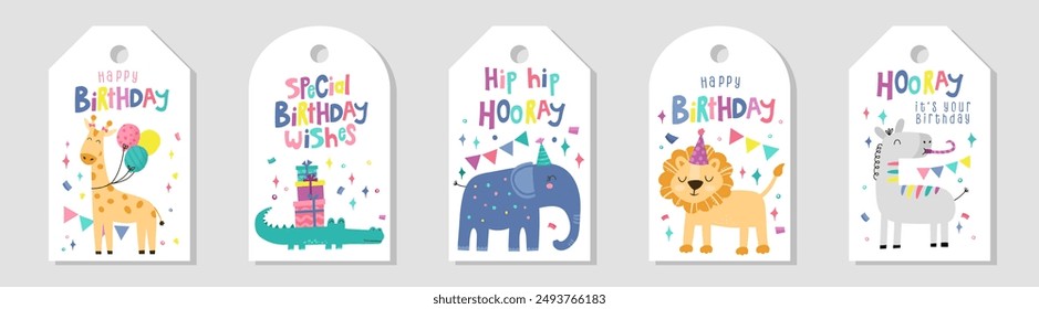 Birthday cards with cute hand drawn Safari animals, fun decorations and lettering - vector design