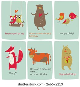 Birthday cards with cute owls, bear, fox, hippo, birds and cow in cartoon style