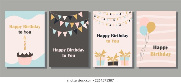 Birthday cards. Cute postcards with gifts, cakes, candles and festive decor. Delicate pink and gold colors