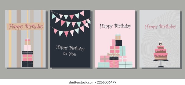 Tarjetas de cumpleaños. Postales con regalos, pasteles, velas y decoración festiva. Delicados colores rosa y dorado