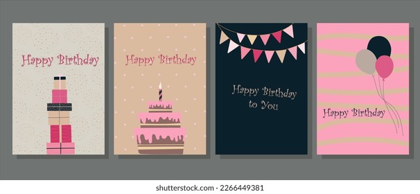 Birthday cards. Cute postcards with gifts, cakes, candles and festive decor. Delicate pink and gold colors