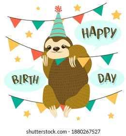 Birthday cards decorated with sloth animals on a string with triangular flags.