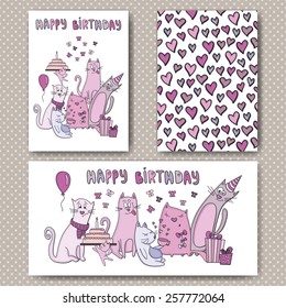 Birthday cards design with funny cats and hearts. Vector design template for card, letter, banner.