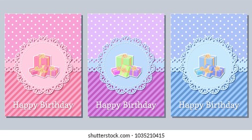 Birthday cards with gift boxes. Set of happy holiday templates. Vector illustration. Invitation decoration retro background. Greeting postcards.