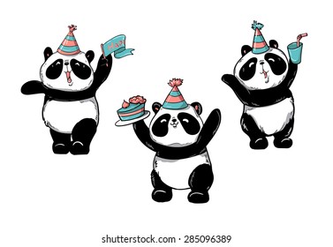 Birthday Cards, Panda, Vector Illustration