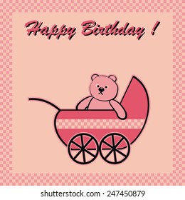 birthday cards, perambulator with teddy bear,