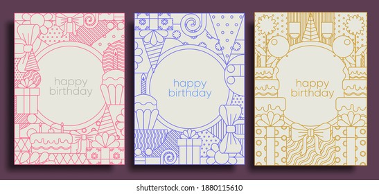 Birthday cards and posters. Set of vector postcards, geometric illustrations. Cupcake with a candle, a gift, a birthday cake.