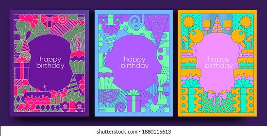 Birthday cards and posters. Set of vector postcards, geometric illustrations. Cupcake with a candle, a gift, a birthday cake.