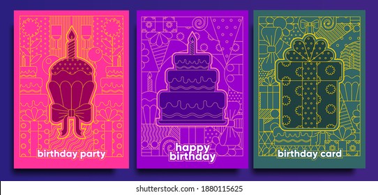 Birthday cards and posters. Set of vector postcards, geometric illustrations. Cupcake with a candle, a gift, a birthday cake.