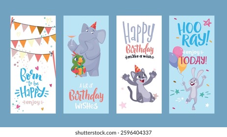 Birthday cards. print template cards with cartoon animals