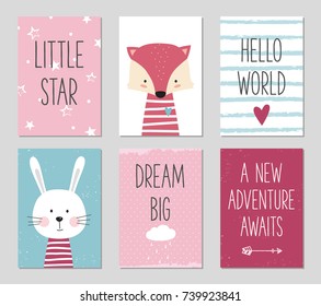 Birthday cards with quotes, cartoon fox and bunny for baby girl and kids. Can be used for baby shower, birthday, party invitation. Little star. Hello world. Dream big. A new adventure awaits. Poster.