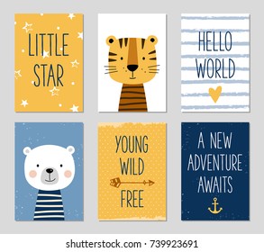Birthday Cards With Quotes, Cartoon Tiger And Bear For Baby Boy And Kids. Can Be Used For Baby Shower, Birthday, Party Invitation. Little Star. Hello World. Young, Wild, Free. A New Adventure Awaits.
