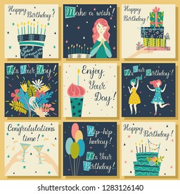 Birthday cards set. Birthday cake with candles and congratulations lettering. Girl making a wish. Hand with gifts and wishes of happiness. Bouquet of flowers in hand. Cupcake with a candle. 