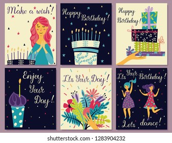 Birthday cards set. Birthday cake with candles and congratulations lettering. 