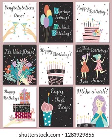 Birthday cards set. Birthday cake with candles and congratulations lettering. Girl making a wish.
