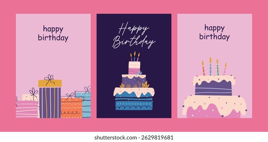 Birthday Cards Set: Cakes, Gifts, and Festive Designs vector illustrator