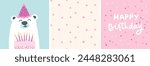 Birthday cards set, cute bear with cake decorated candles, pink glitter stars seamless pattern, happy birthday text on pink confetti background.