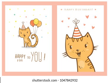 Birthday cards set with cute cartoon cats. Balloons and party hats, hearts and confetti. Vector contour image. Little kittens. Funny animals. 