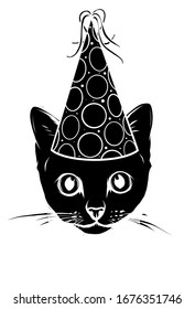 Birthday cards set with cute cartoon cats. Balloons and party hats, hearts and confetti. Vector contour image. Little kittens