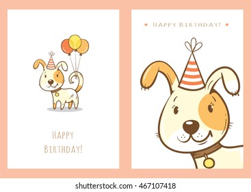 Birthday cards set with cute cartoon dogs. Balloons and party hats. Vector contour image. Little puppies. Funny animals. 