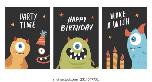 Birthday cards set with Cute monsters. Cartoon monsters collection. Vector illustration.