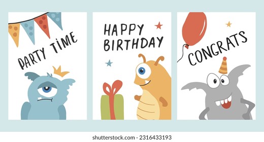Birthday cards set with Cute monsters. Cartoon monsters collection. Vector illustration.