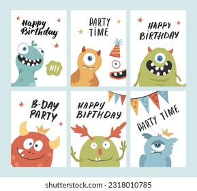 Birthday cards set with Cute monsters. Cartoon monsters collection. Vector illustration.