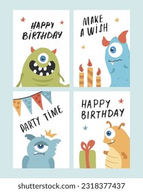 Birthday cards set with Cute monsters. Cartoon monsters collection. Vector illustration.