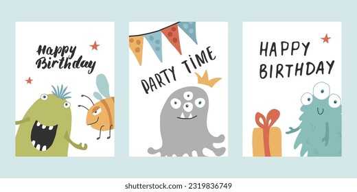 Birthday cards set with Cute monsters. Cartoon monsters collection. Vector illustration.