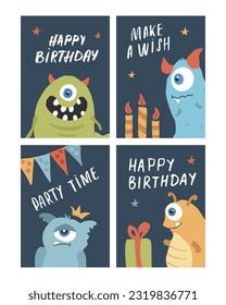 Birthday cards set with Cute monsters. Cartoon monsters collection. Vector illustration.