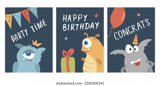 Birthday cards set with Cute monsters. Cartoon monsters collection. Vector illustration.