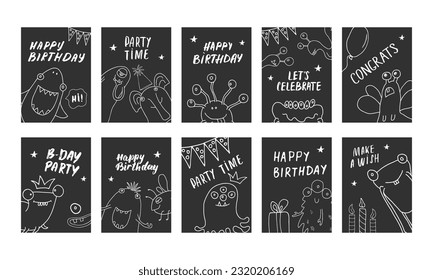 Birthday cards set with Cute monsters. Cartoon monsters collection. Vector illustration.