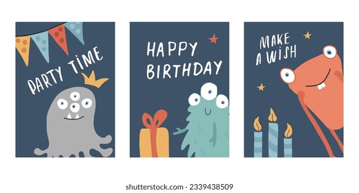 Birthday cards set with Cute monsters. Cartoon monsters collection. Vector illustration.